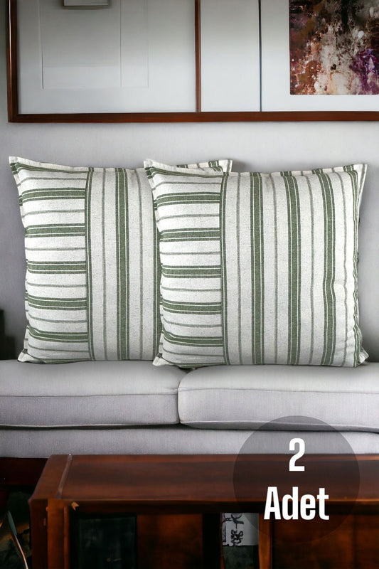 Cotton Modern Green Striped Decorative 2-Piece Cushion / Pillow Case