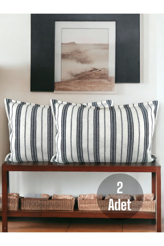 Pamuk Modern Dekoratif Siyah Çizgili 2'li Kırlent / Yastık Kılıfı