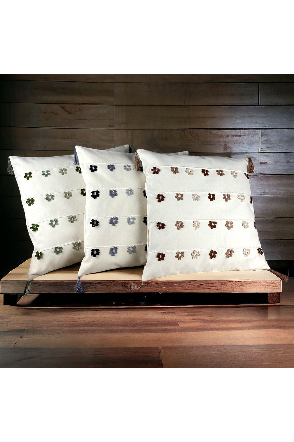 El Yapımı Kahverengi Oyalı Pamuk Dekoratif Yastık/ Tek Kırlent Kılıfı