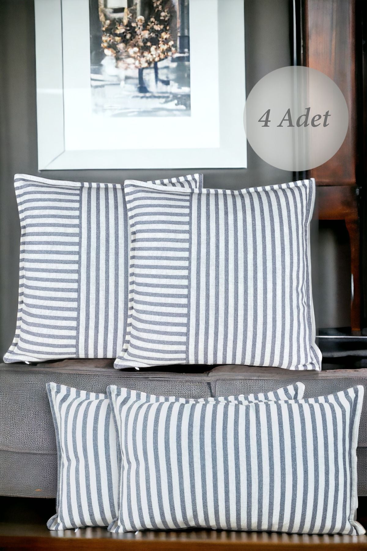 Gri Çizgili Pamuklu Dekoratif 30x50 Cm Ve 45x45 Cm 4'lü Set Yastık / Kırlent Kılıfı - 2 Çift