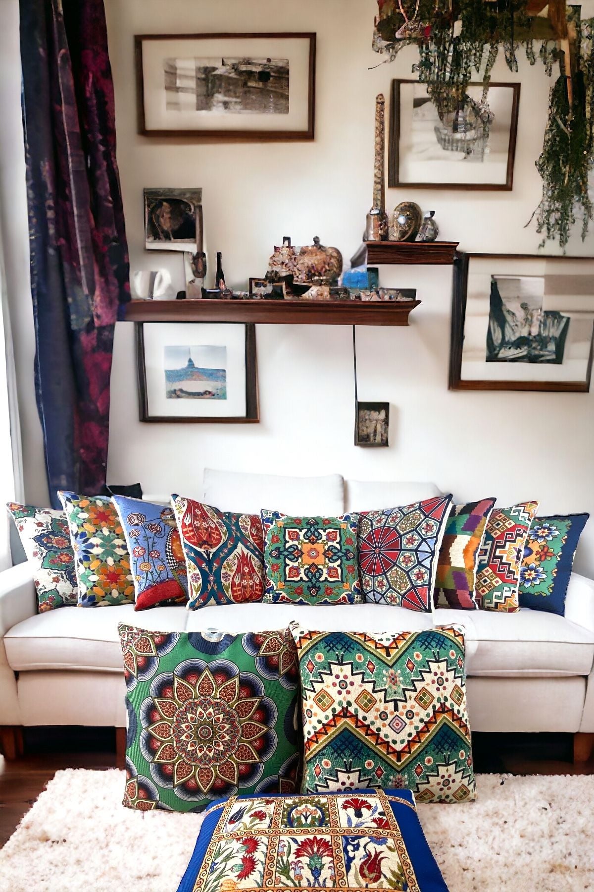 Jakarlı Goblen Pano Dokuma Yeşil Mandala Dekoratif Kırlent / Yastık Kılıfı