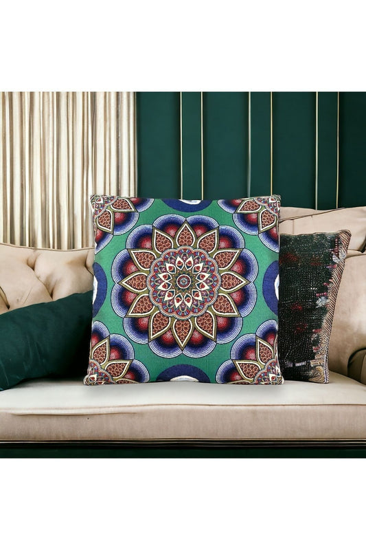Jakarlı Goblen Pano Dokuma Yeşil Mandala Dekoratif Kırlent / Yastık Kılıfı