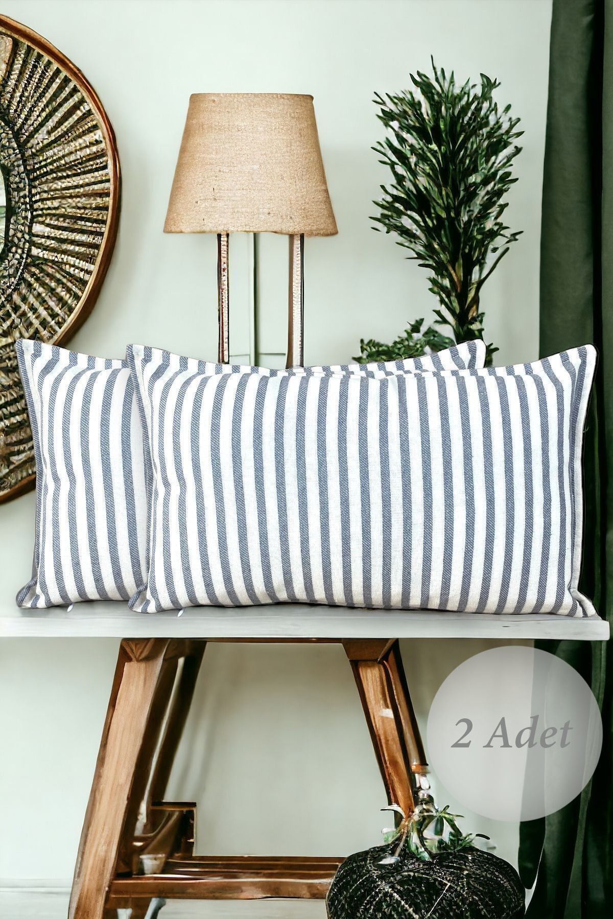 Modern 2'li Gri Çizgili Pamuklu Dekoratif 30x50 Cm Yastık/kırlent Kılıfı