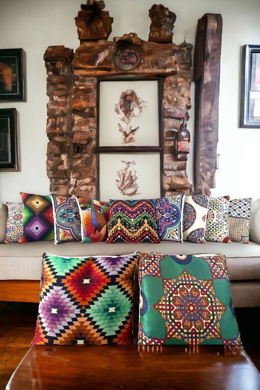 Jakarlı Goblen Pano Dokuma Yeşil Mandala Dekoratif Kırlent / Yastık Kılıfı