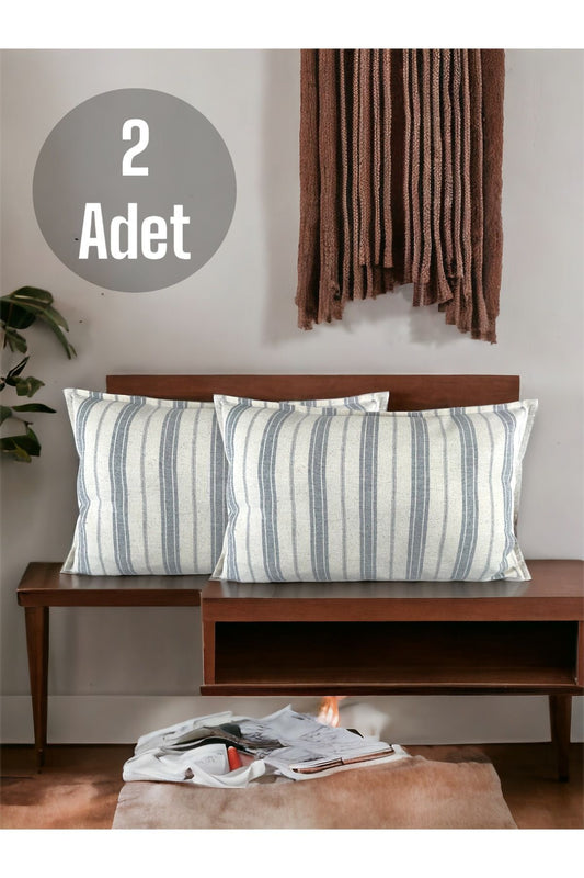 Pamuk Modern Dekoratif Gri Çizgili 2'li Kırlent / Yastık Kılıfı