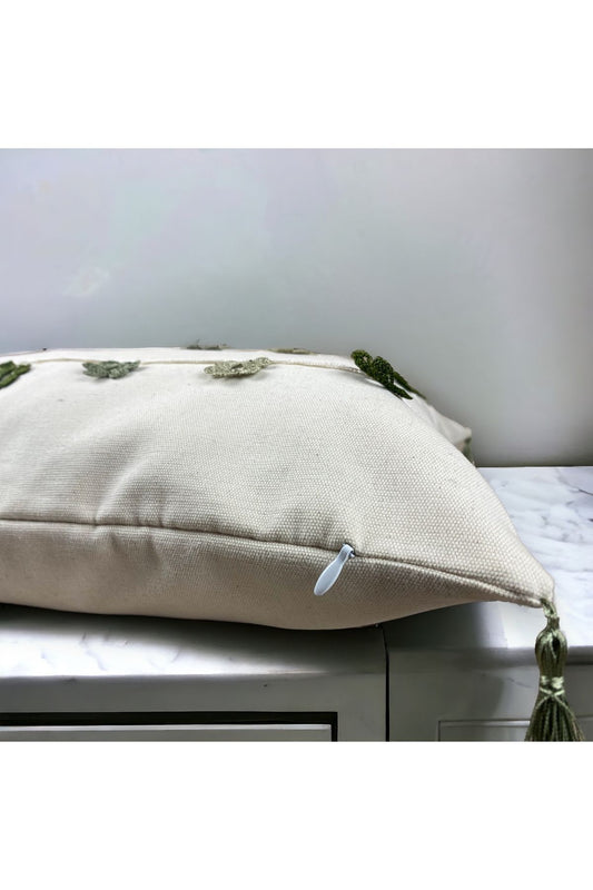 El Yapımı Haki Yeşil Oyalı Pamuk Dekoratif Yastık/ Tek Kırlent Kılıfı