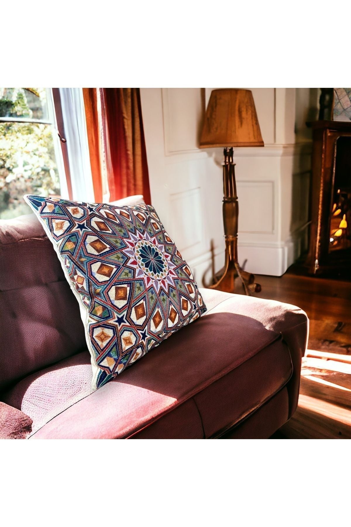 Jakarlı Goblen Pano Dokuma Yeşil Mandala Dekoratif Kırlent / Yastık Kılıfı