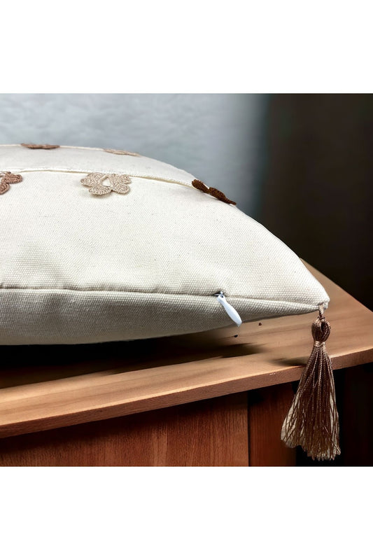 El Yapımı Kahverengi Oyalı Pamuk Dekoratif Yastık/ Tek Kırlent Kılıfı