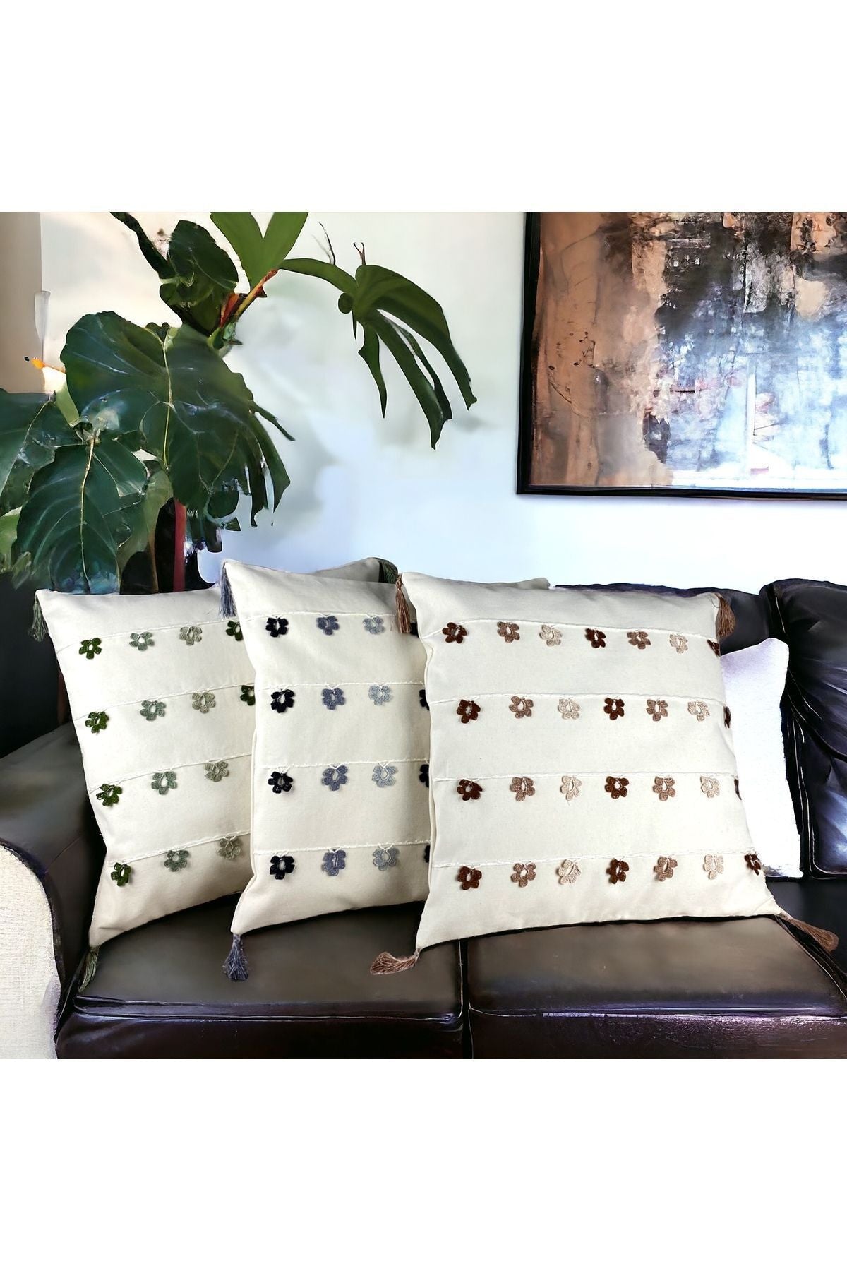 El Yapımı Haki Yeşil Oyalı Pamuk Dekoratif Yastık/ Tek Kırlent Kılıfı