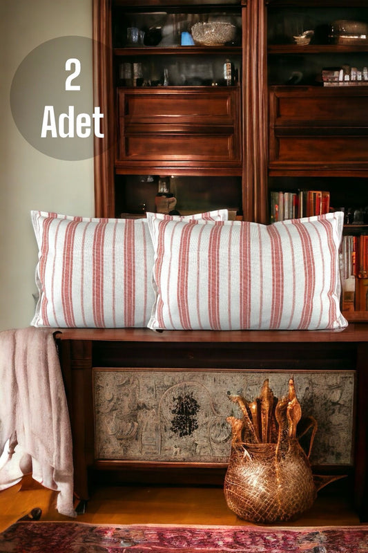 Pamuk Modern 2'li 30x50 Dekoratif Turuncu Çizgili Kırlent / Yastık Kılıfı