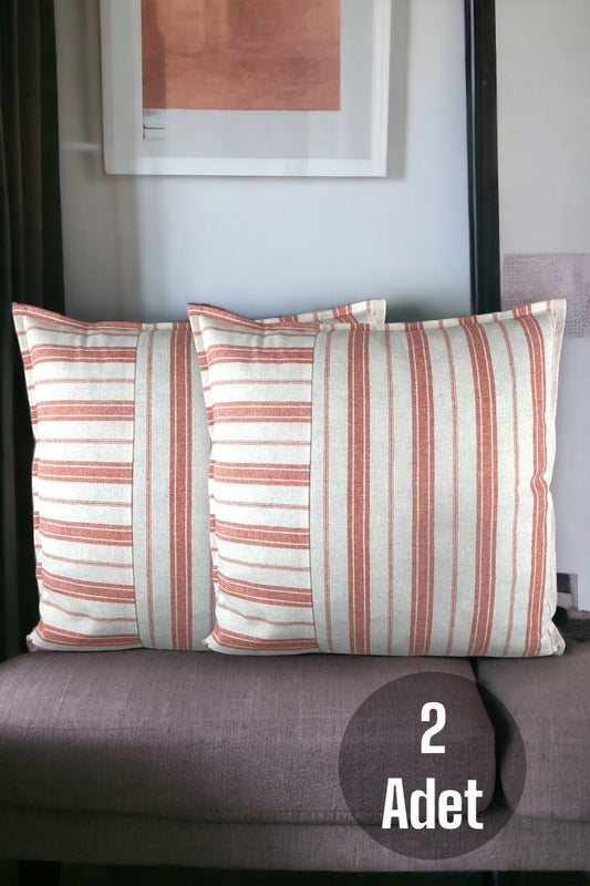 Cotton Modern Coral Striped Decorative 2-Piece Cushion / Pillow Case