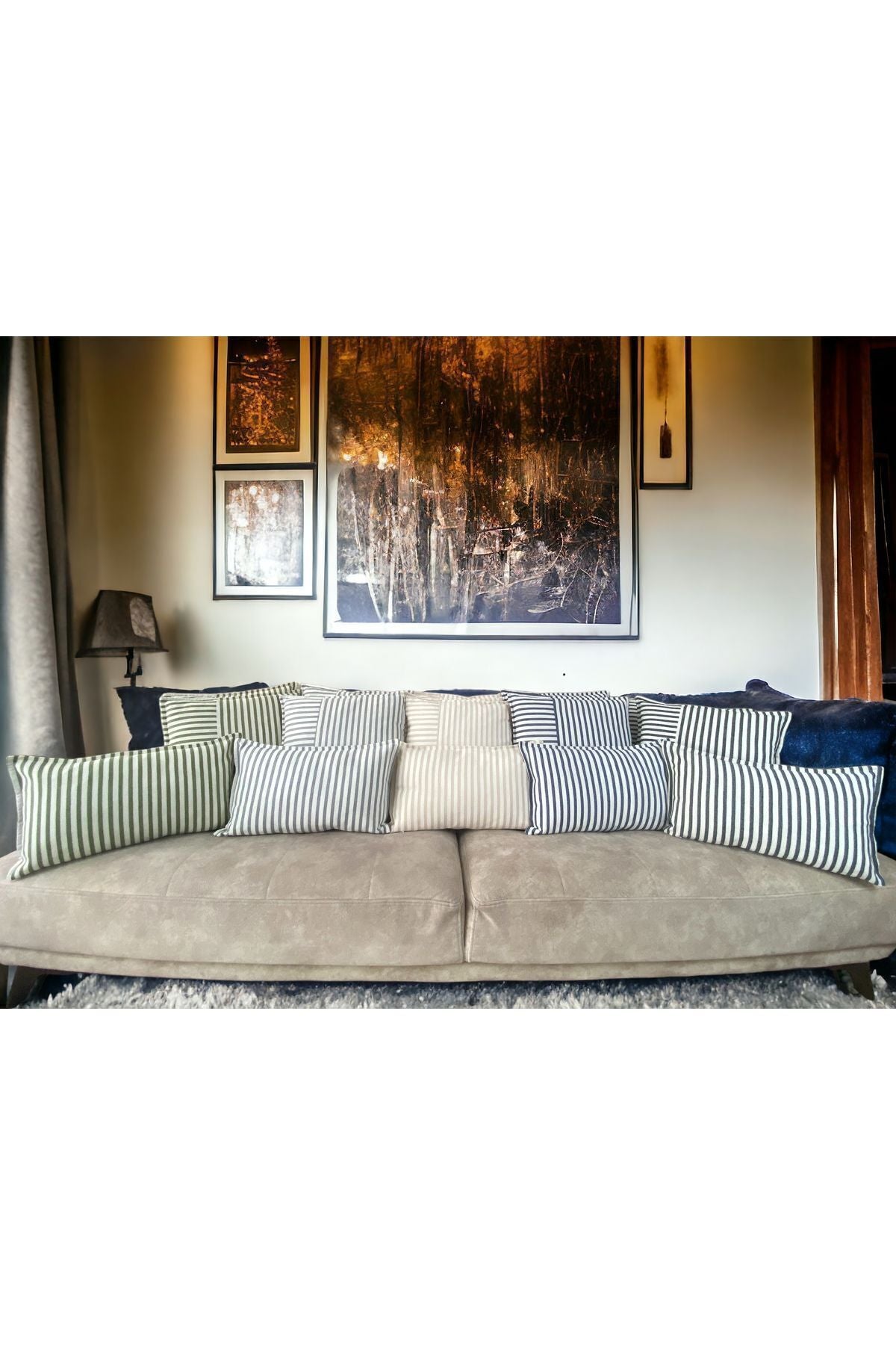 Modern 2'li Gri Çizgili Pamuklu Dekoratif 30x50 Cm Yastık/kırlent Kılıfı