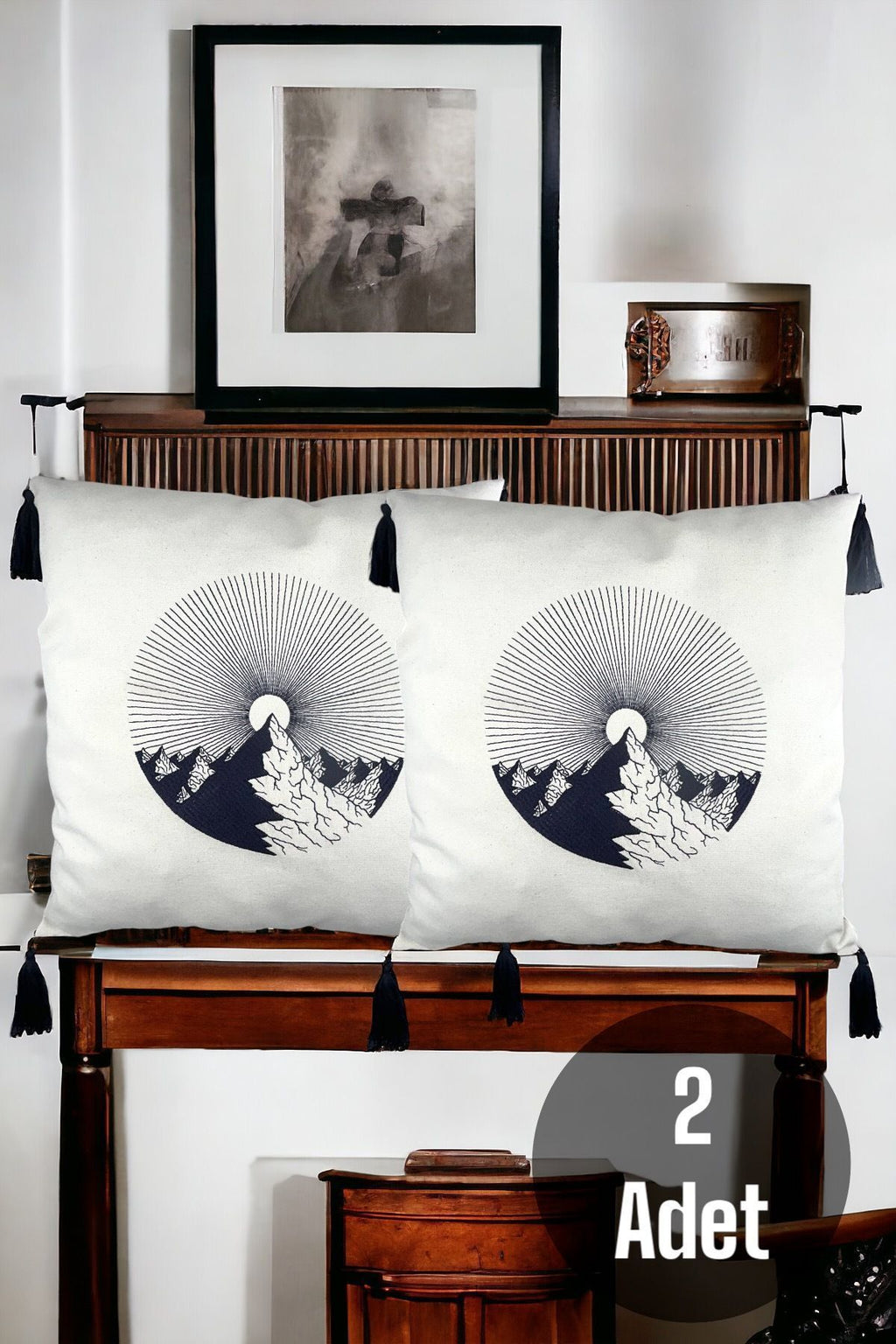 Landscape Embroidered Tasseled Cotton Decorative 2-Piece Cushion / Pillow Case