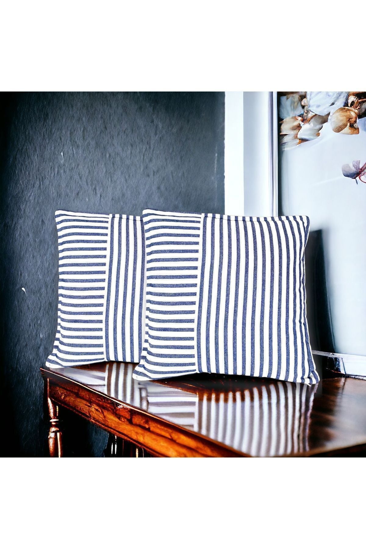 Modern 2-Piece Navy Blue Striped Cotton Decorative Pillow / Cushion Cover