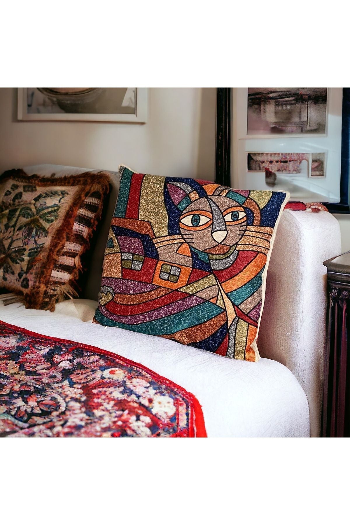 Jakarlı Goblen Pano Dokuma Picasso Kedi Dekoratif Kırlent / Yastık Kılıfı