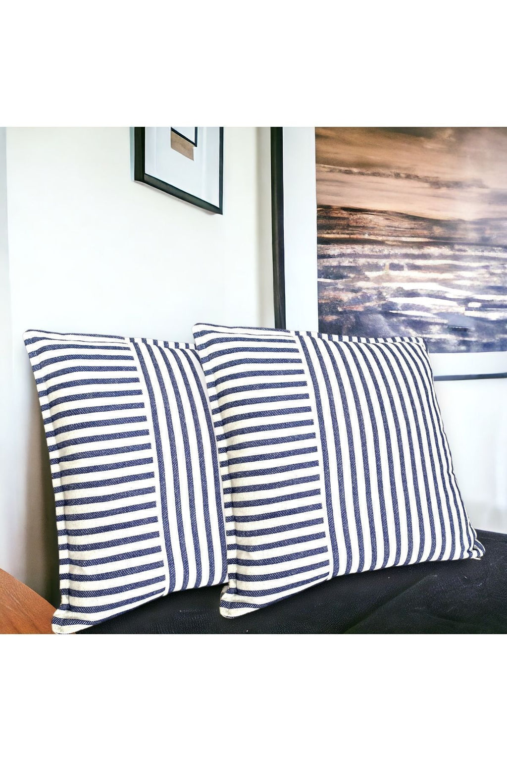 Modern 2-Piece Navy Blue Striped Cotton Decorative Pillow / Cushion Cover