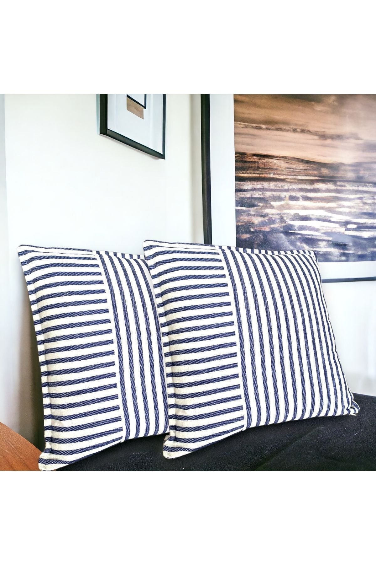 Modern 2-Piece Navy Blue Striped Cotton Decorative Pillow / Cushion Cover