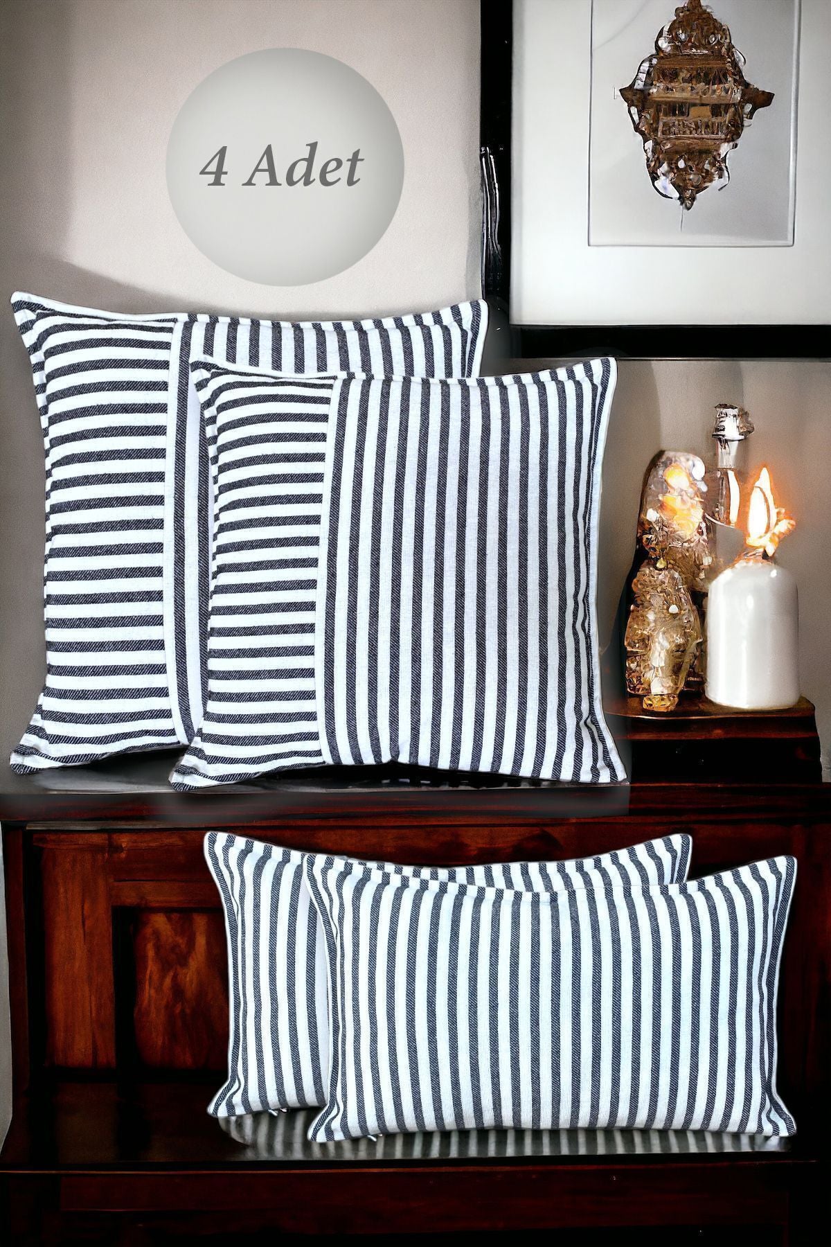 Black Striped Cotton Decorative 30x50 Cm And 45x45 Cm 4 Piece Set Pillow / Cushion Cover - 2 Pairs