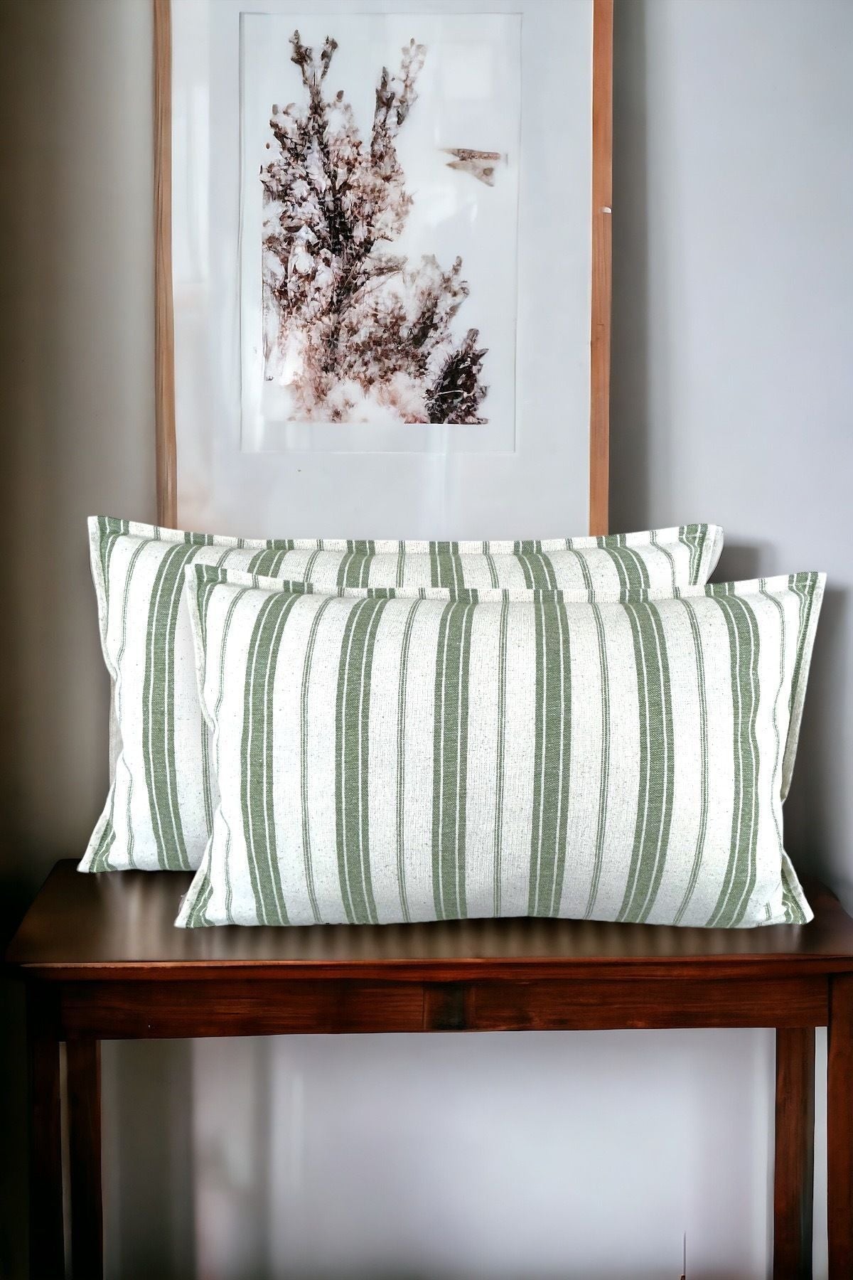 Cotton Modern Decorative Green Striped 2-Piece Cushion / Pillow Case