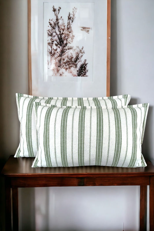 Cotton Modern Decorative Green Striped 2-Piece Cushion / Pillow Case