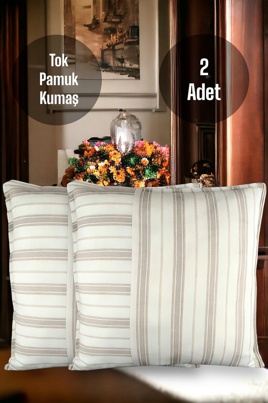 Cotton Modern Brown Striped Decorative 2-Piece Cushion / Pillow Case