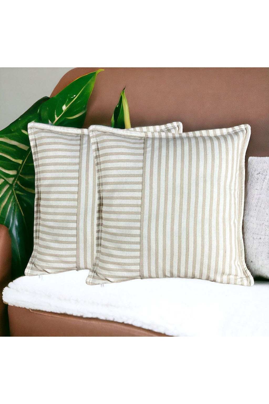 Modern 2-Piece Coffee Striped Cotton Decorative Pillow / Cushion Cover