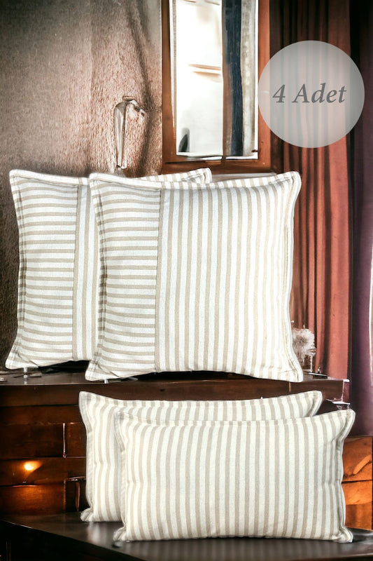 Brown Striped Cotton Decorative 30x50 Cm And 45x45 Cm Set Of 4 Pillow / Cushion Cover