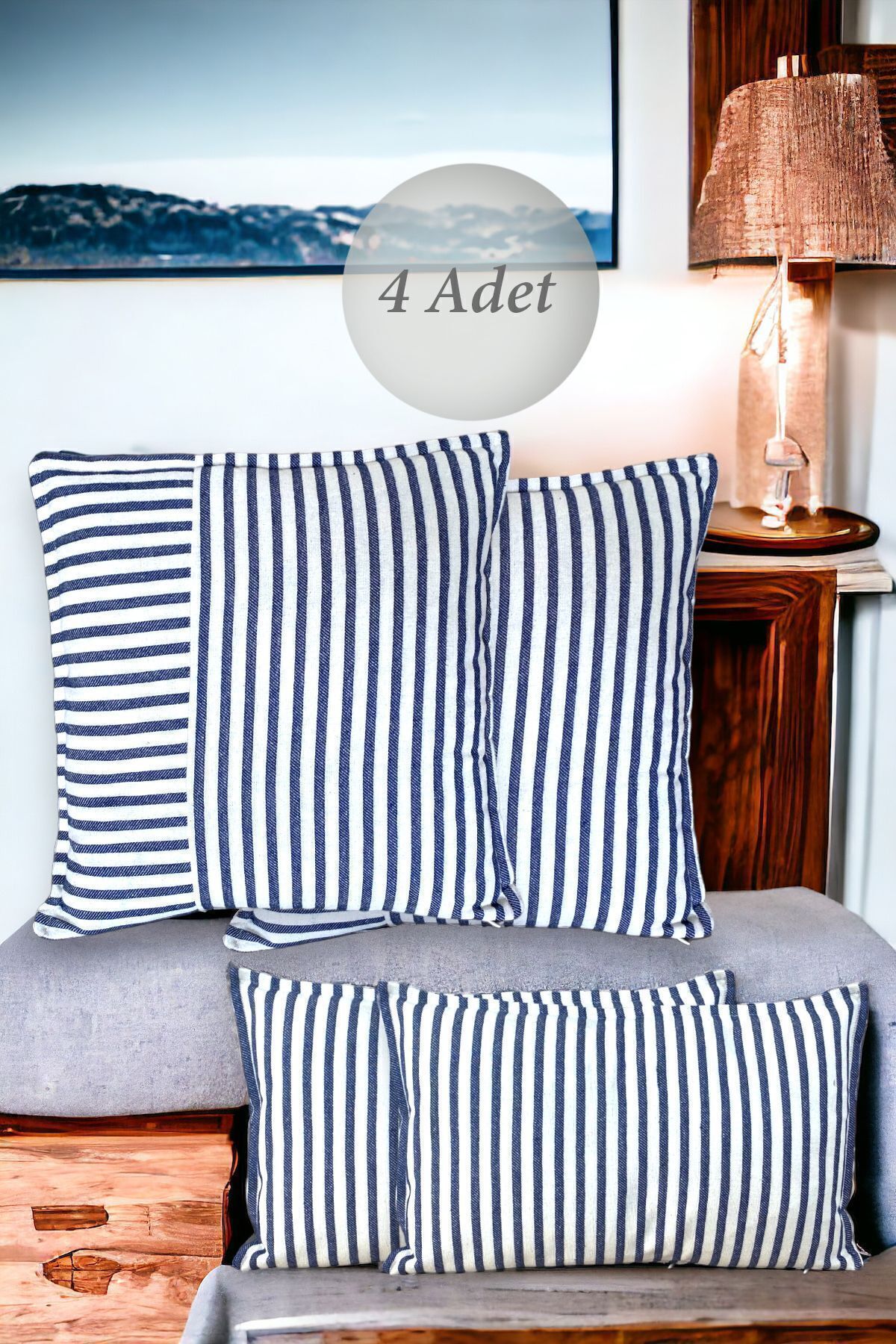 Lacivert Çizgili Pamuklu Dekoratif 30x50 Cm Ve 45x45 Cm 4'lü Set Yastık / Kırlent Kılıfı - 2 Çift