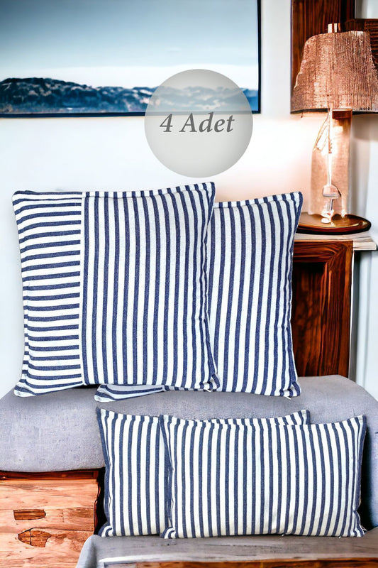 Navy Blue Striped Cotton Decorative 30x50 Cm And 45x45 Cm 4 Piece Set Pillow / Cushion Cover - 2 Pairs