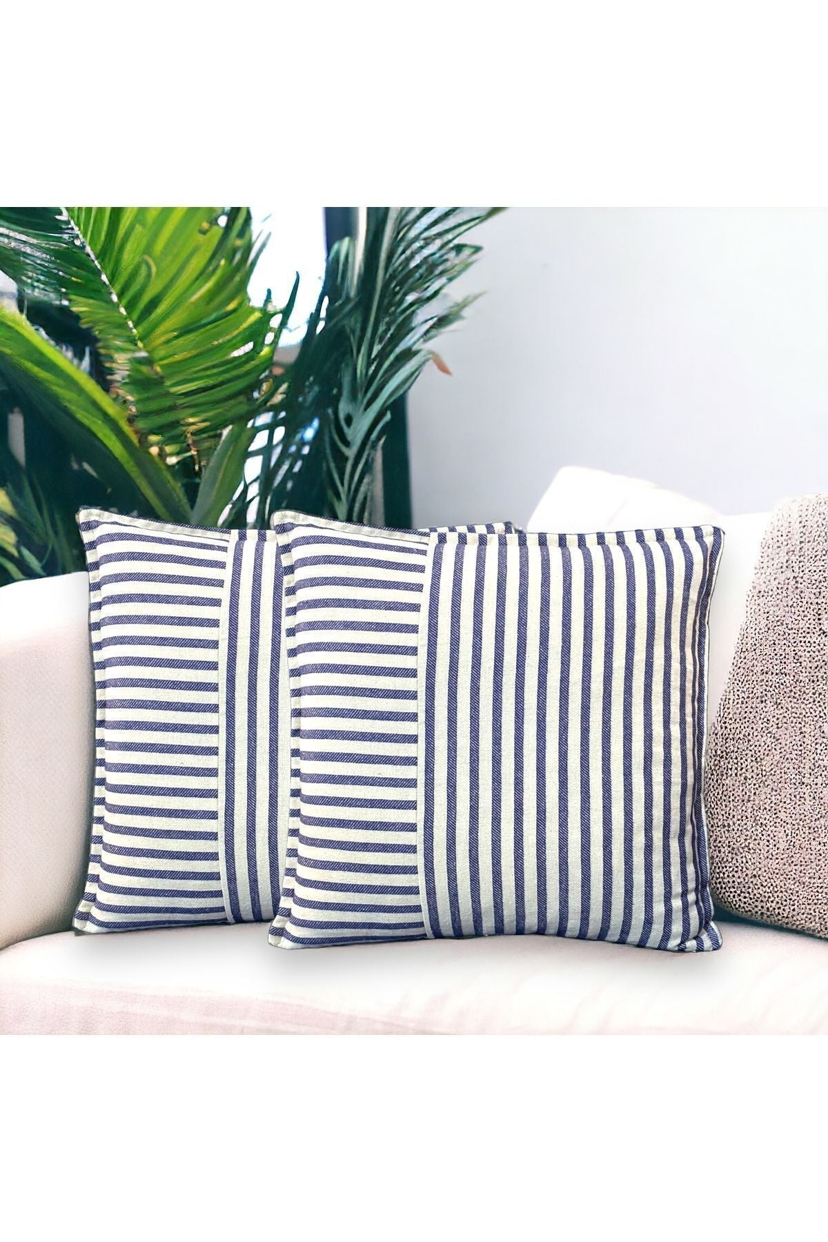 Modern 2-Piece Navy Blue Striped Cotton Decorative Pillow / Cushion Cover