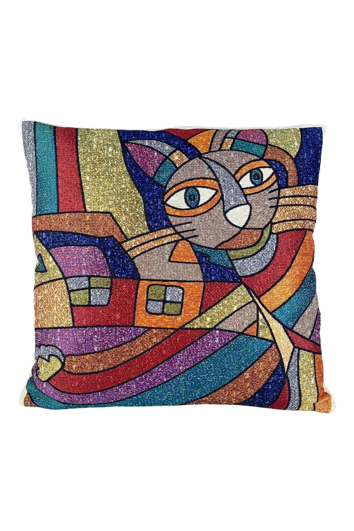 Jakarlı Goblen Pano Dokuma Picasso Kedi Dekoratif Kırlent / Yastık Kılıfı