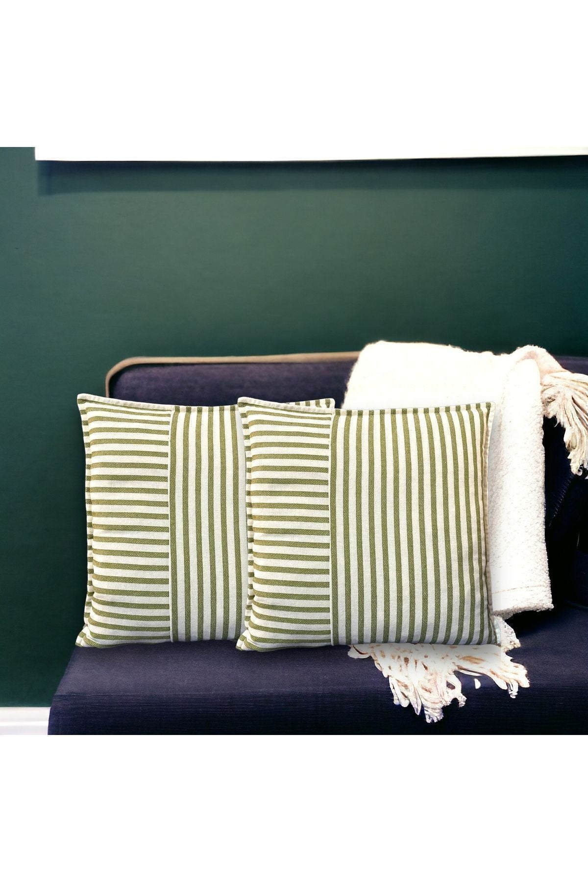 Modern 2-Piece Green Striped Cotton Decorative Pillow / Cushion Cover