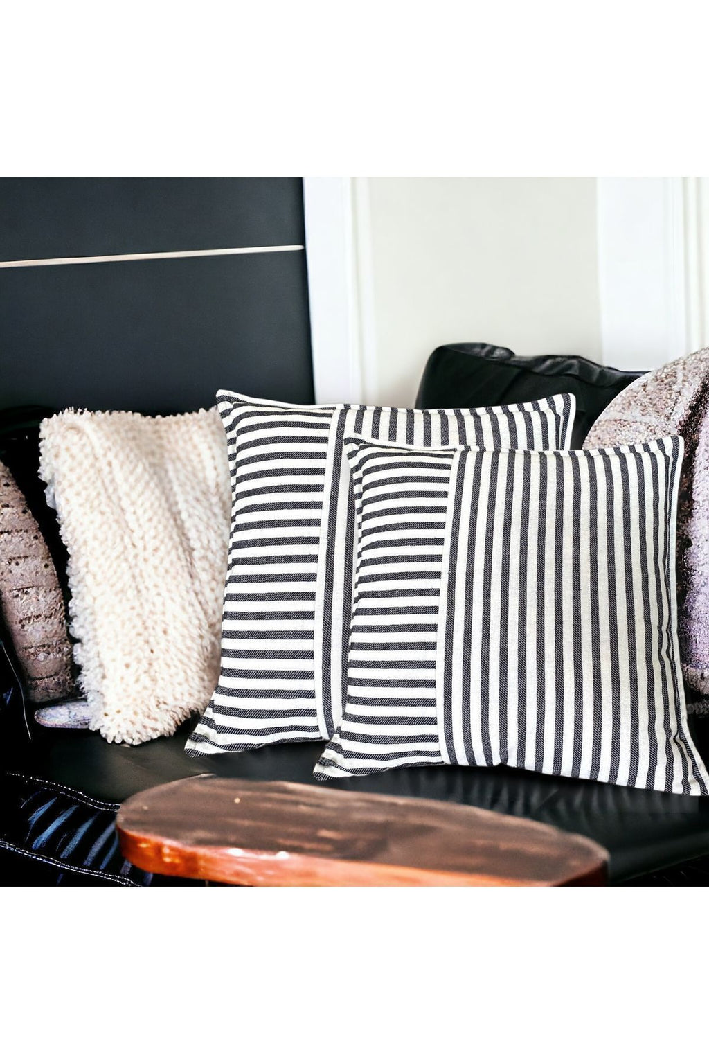 Modern 2-Piece Black Striped Cotton Decorative Pillow / Cushion Cover