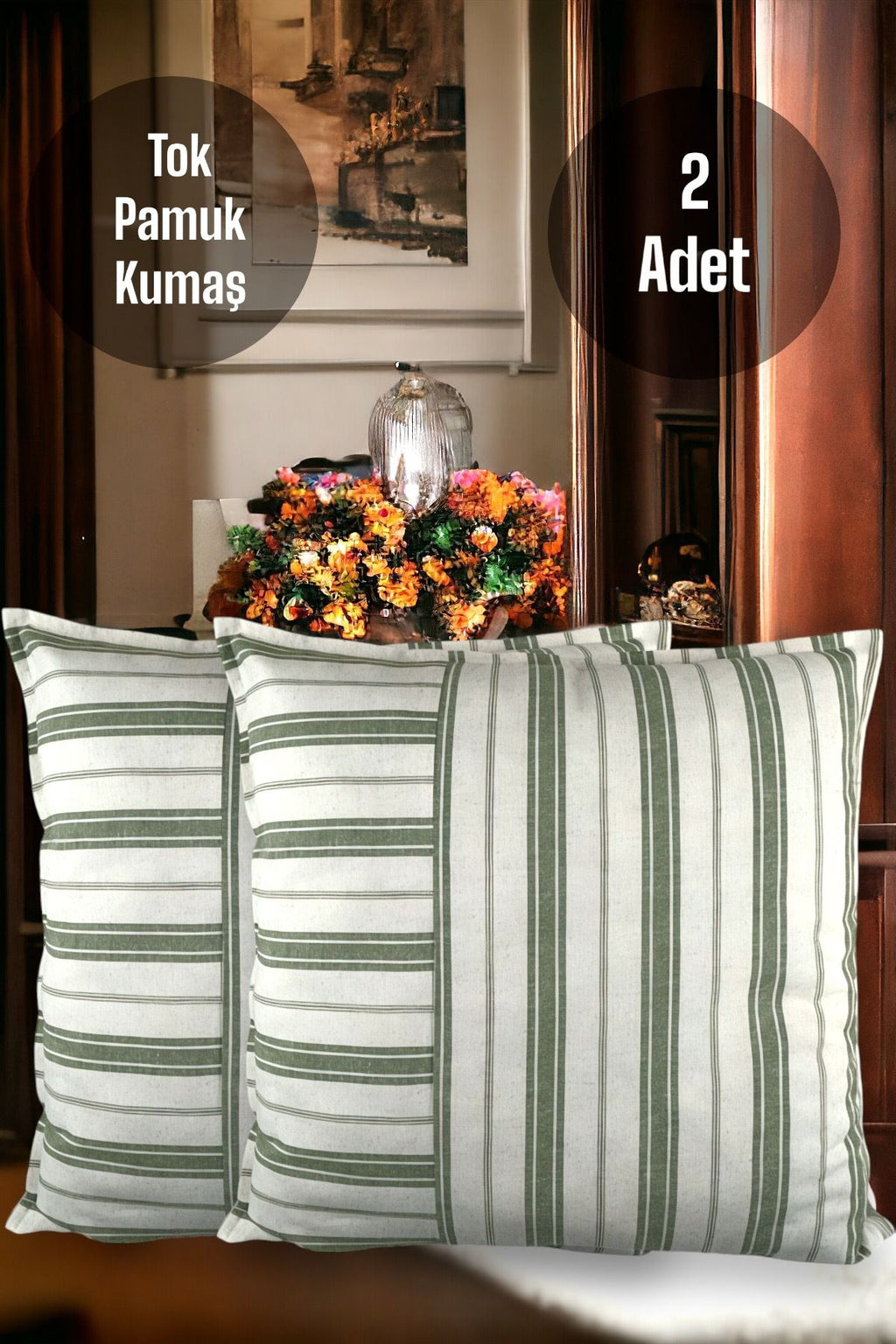 Cotton Modern Green Striped Decorative 2-Piece Cushion / Pillow Case