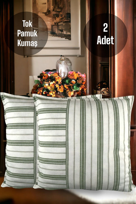 Cotton Modern Green Striped Decorative 2-Piece Cushion / Pillow Case