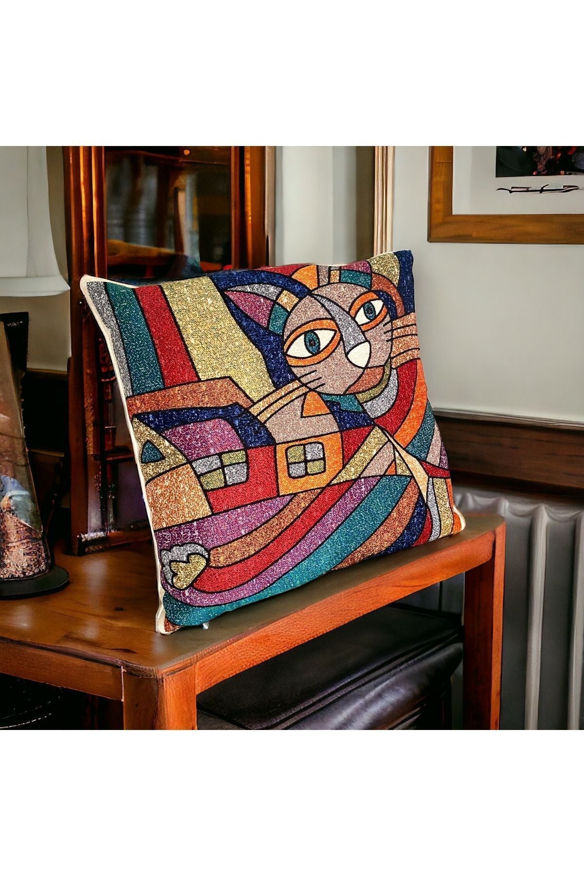 Jakarlı Goblen Pano Dokuma Picasso Kedi Dekoratif Kırlent / Yastık Kılıfı