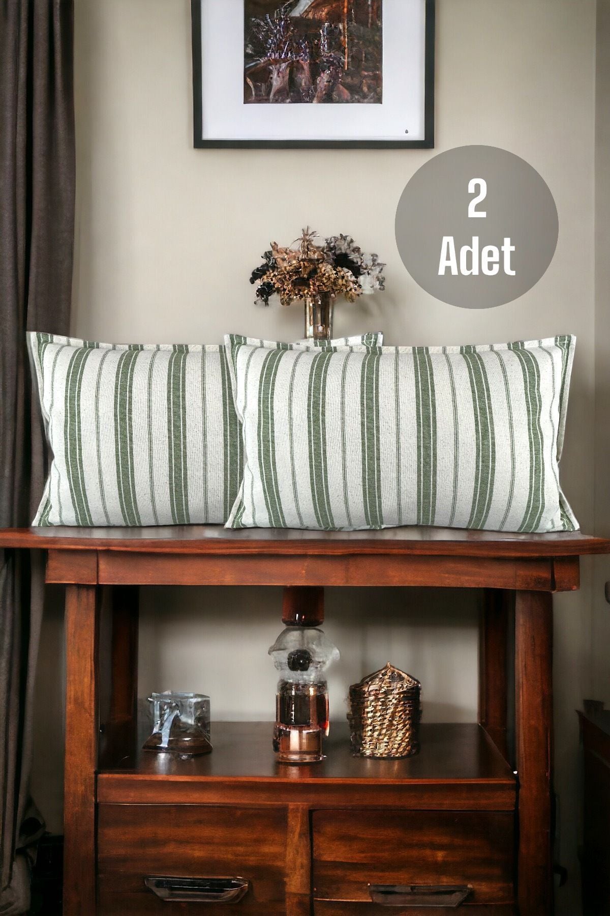 Cotton Modern Green Striped Decorative 2-Piece Cushion / Pillow Case