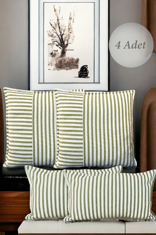 Green Striped Cotton Decorative 30x50 Cm And 45x45 Cm 4 Piece Set Pillow / Cushion Cover - 2 Pairs