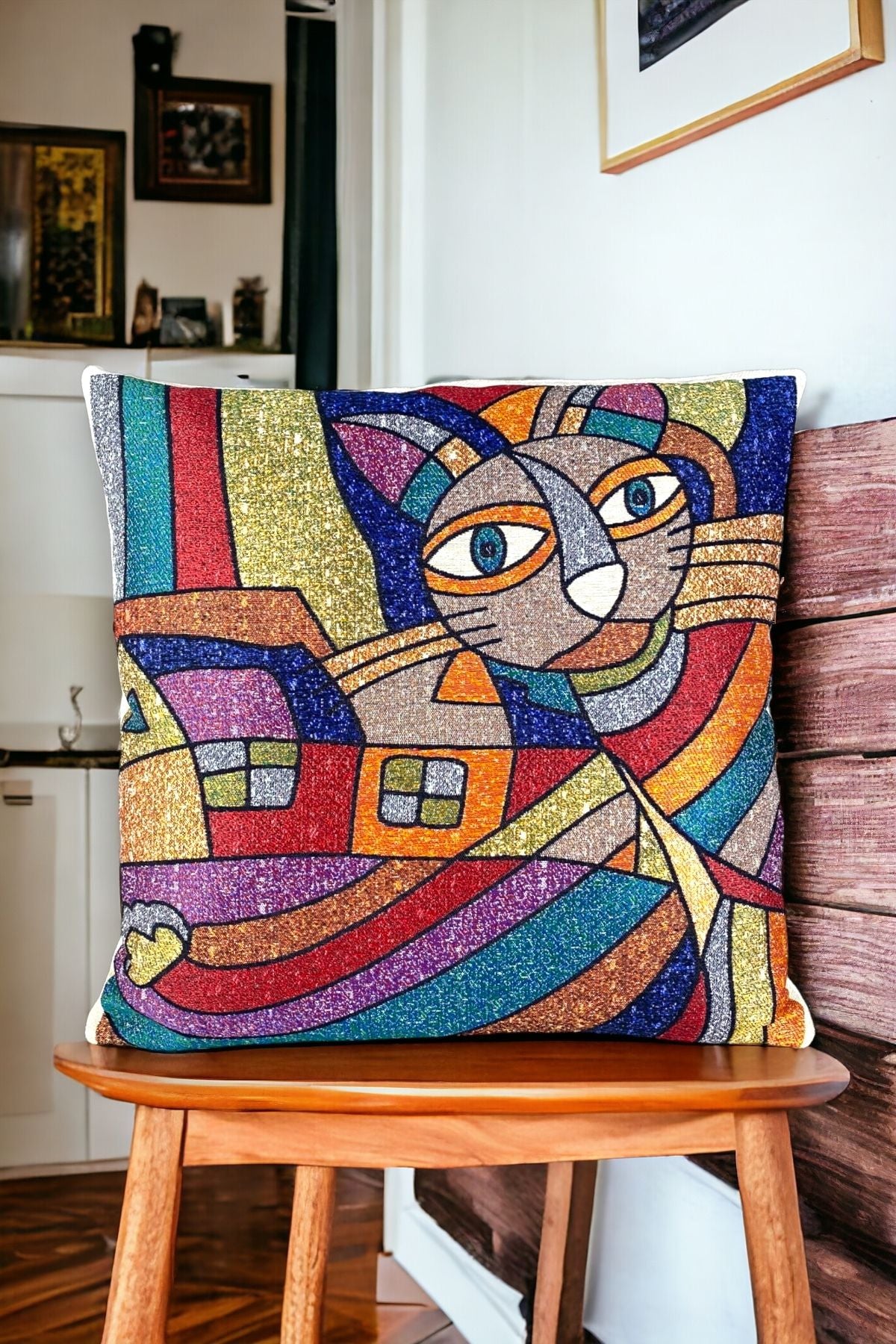 Jakarlı Goblen Pano Dokuma Picasso Kedi Dekoratif Kırlent / Yastık Kılıfı