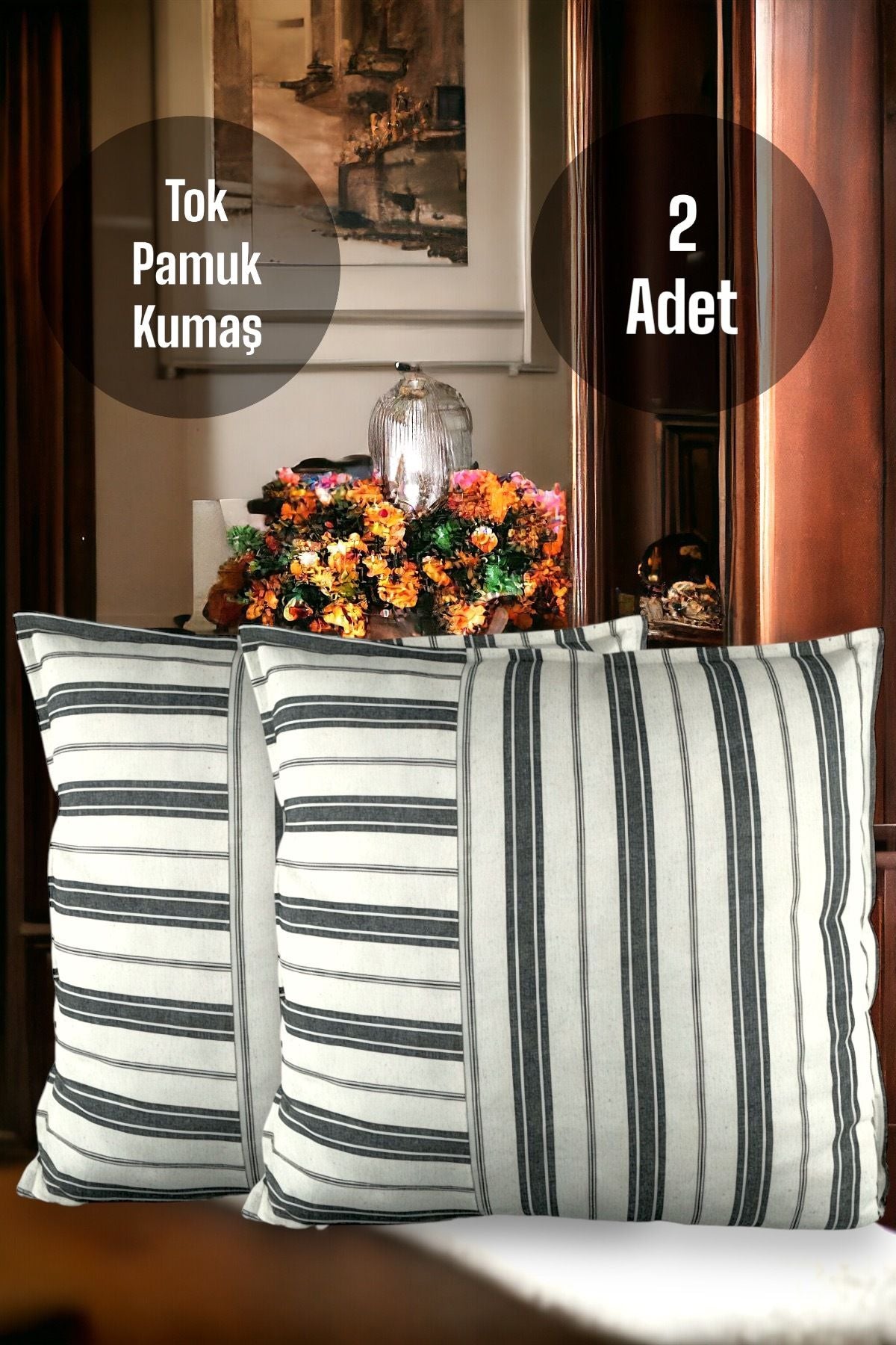 Pamuk Modern Siyah Çizgili Dekoratif 2'li Kırlent / Yastık Kılıfı
