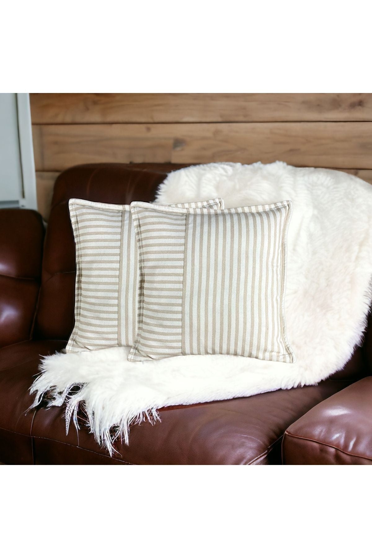 Modern 2-Piece Coffee Striped Cotton Decorative Pillow / Cushion Cover