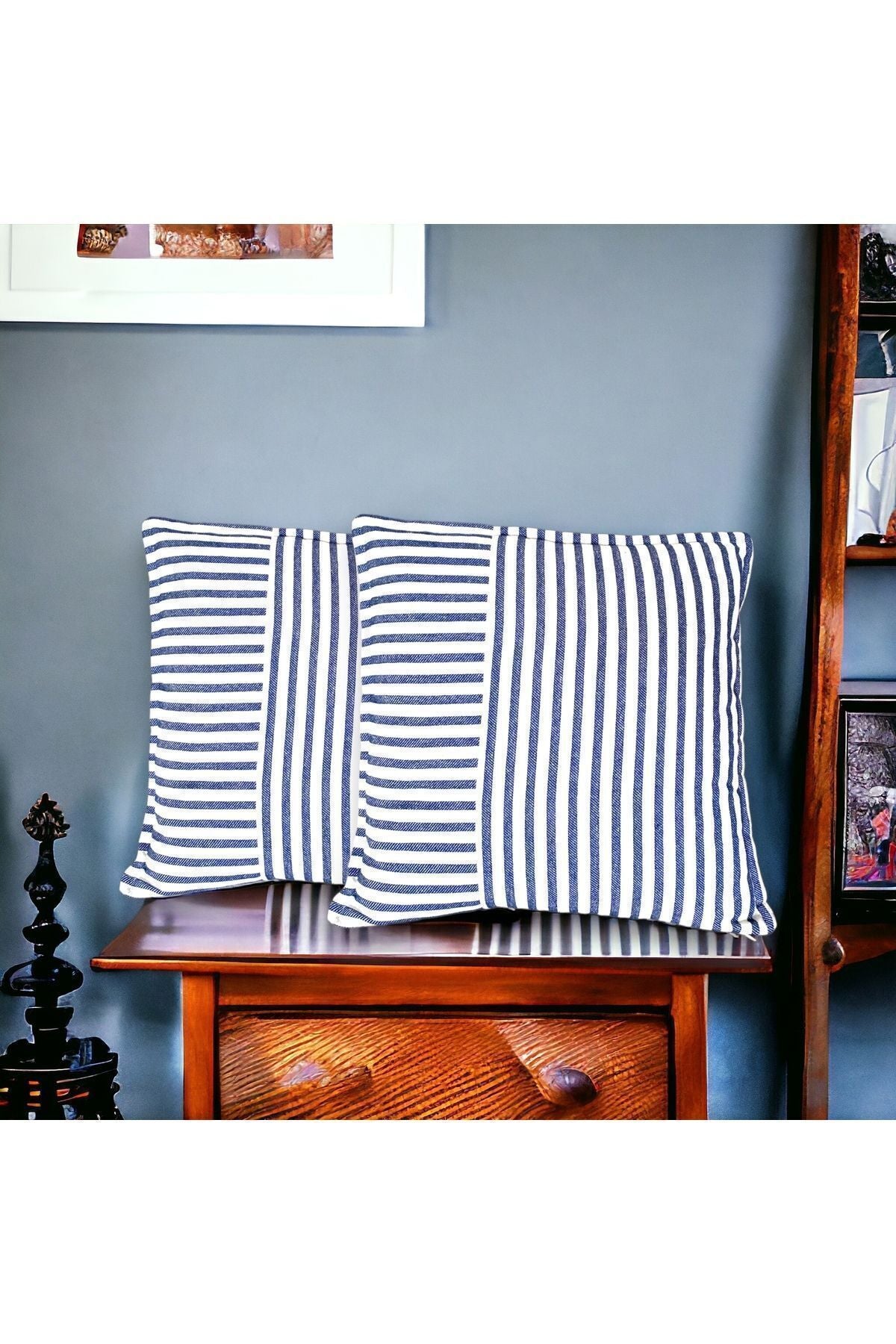 Modern 2-Piece Navy Blue Striped Cotton Decorative Pillow / Cushion Cover