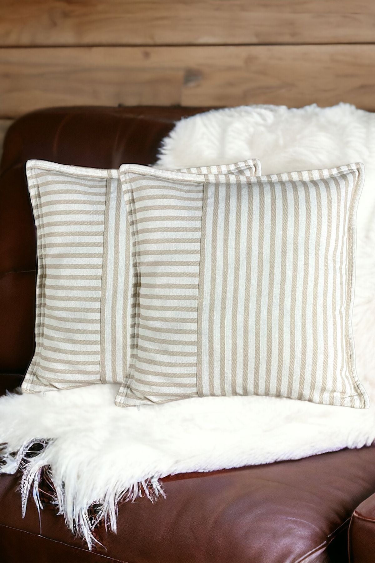 Modern 2-Piece Coffee Striped Cotton Decorative Pillow / Cushion Cover
