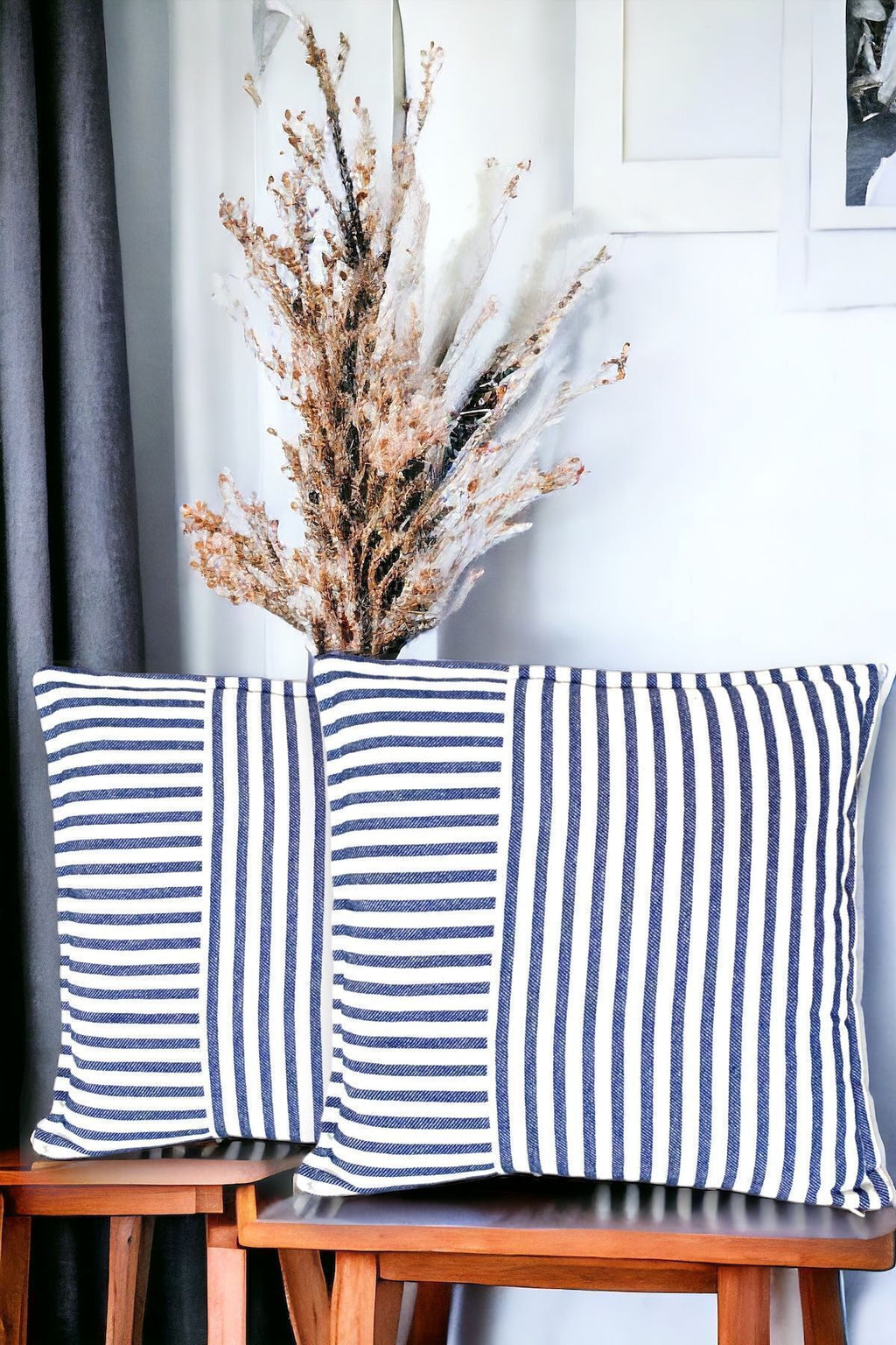 Modern 2-Piece Navy Blue Striped Cotton Decorative Pillow / Cushion Cover