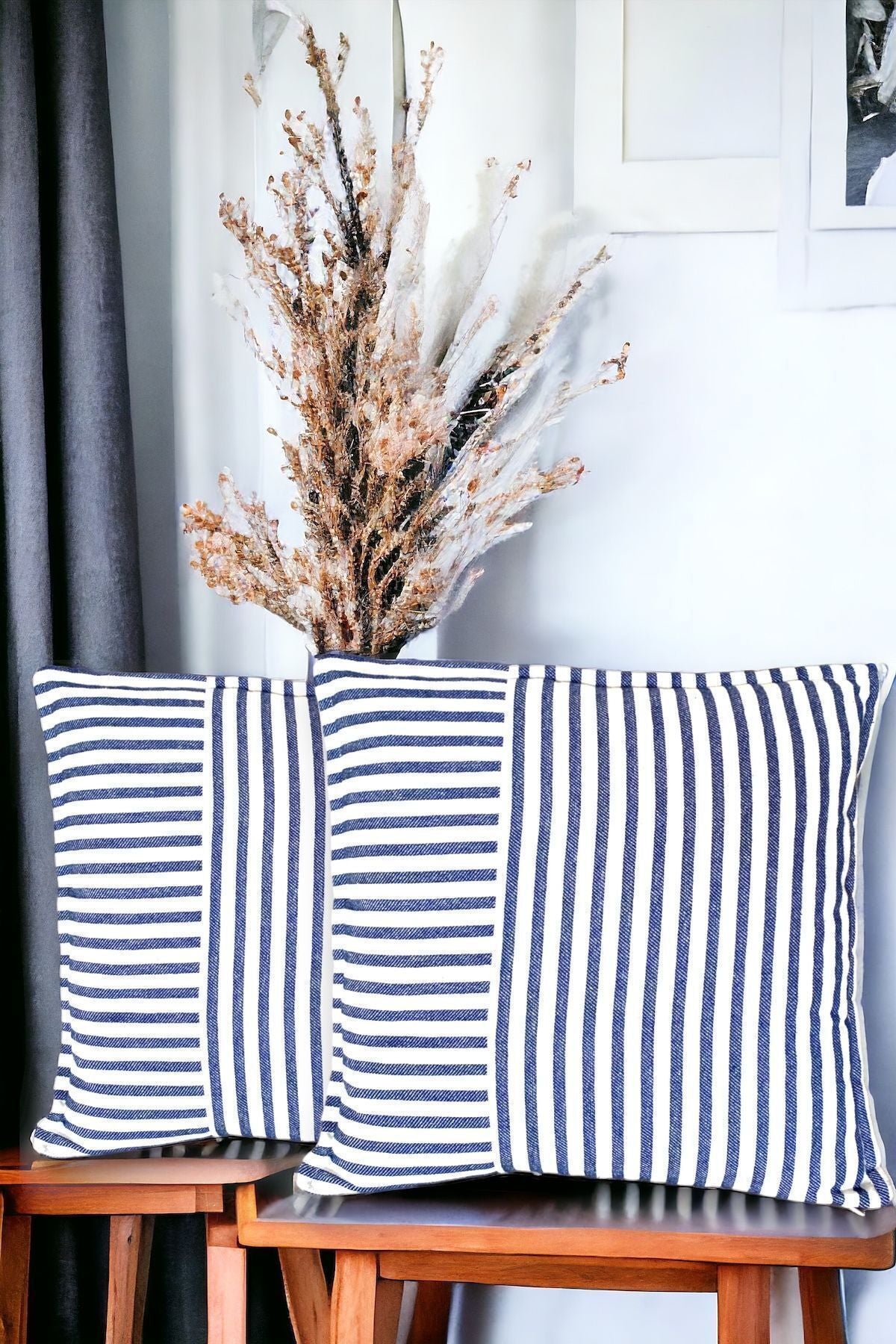 Modern 2-Piece Navy Blue Striped Cotton Decorative Pillow / Cushion Cover