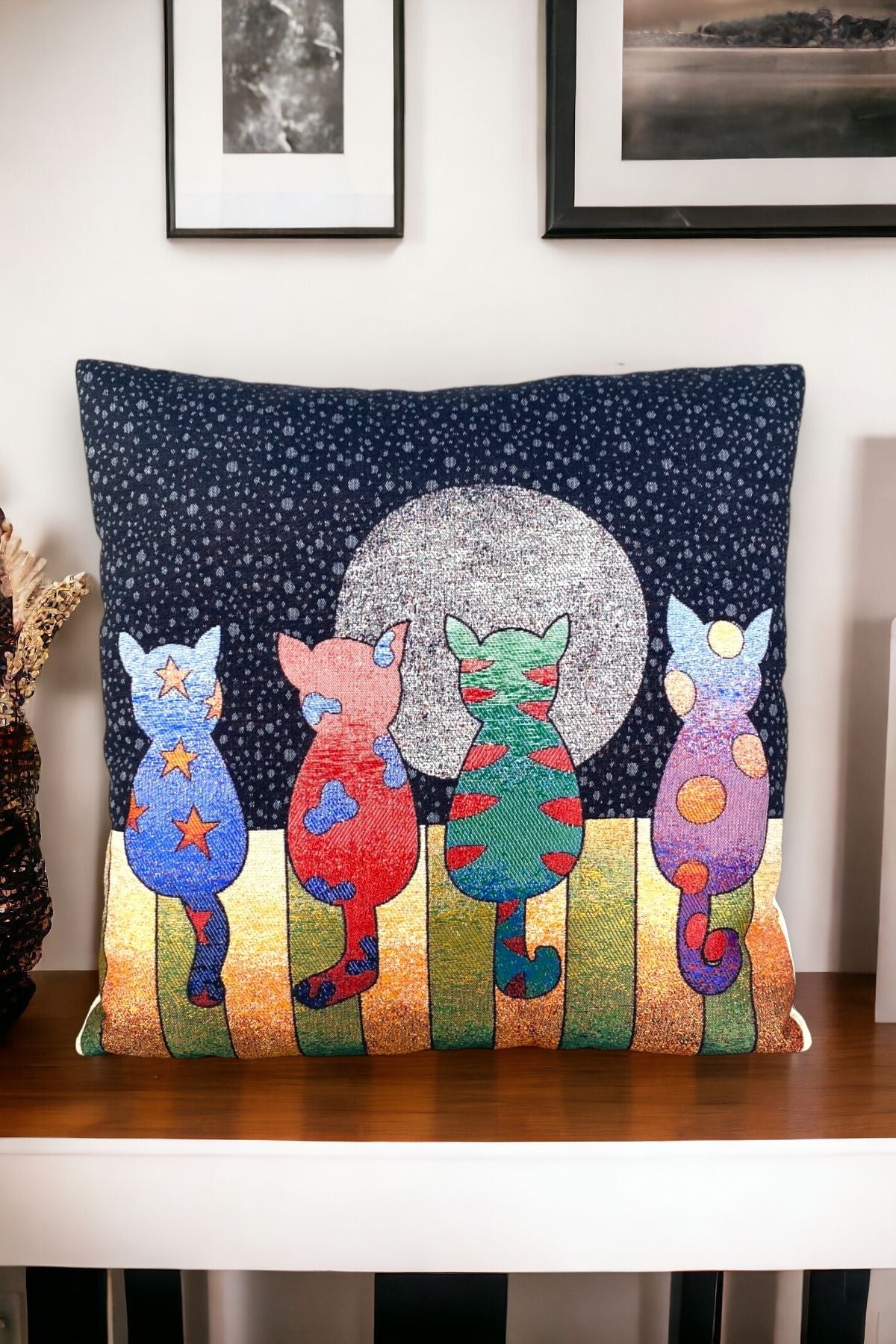Jakarlı Goblen Pano Dokuma Picasso Kedi Dekoratif Kırlent / Yastık Kılıfı