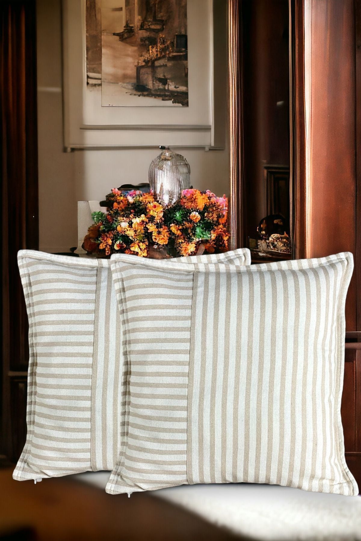 Modern 2-Piece Coffee Striped Cotton Decorative Pillow / Cushion Cover