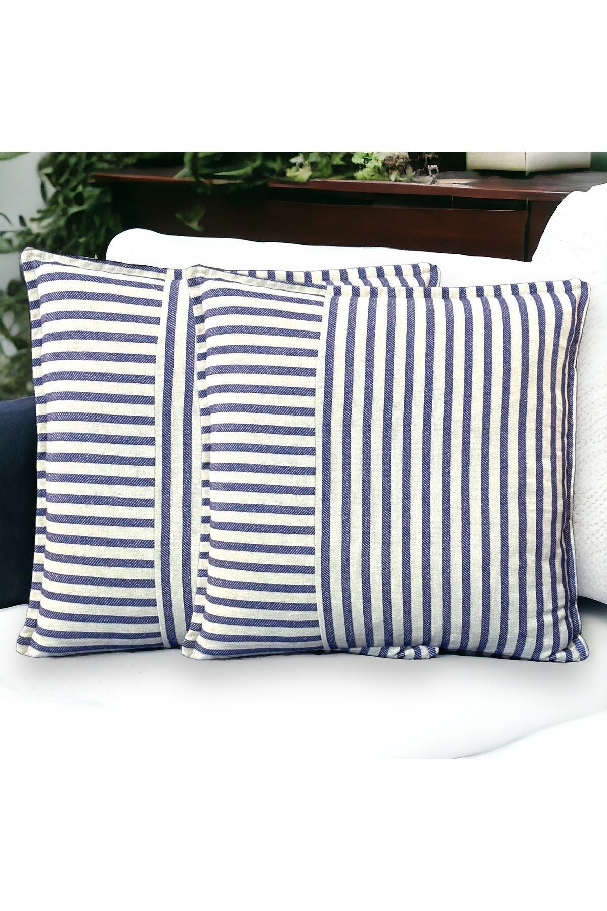 Modern 2-Piece Navy Blue Striped Cotton Decorative Pillow / Cushion Cover