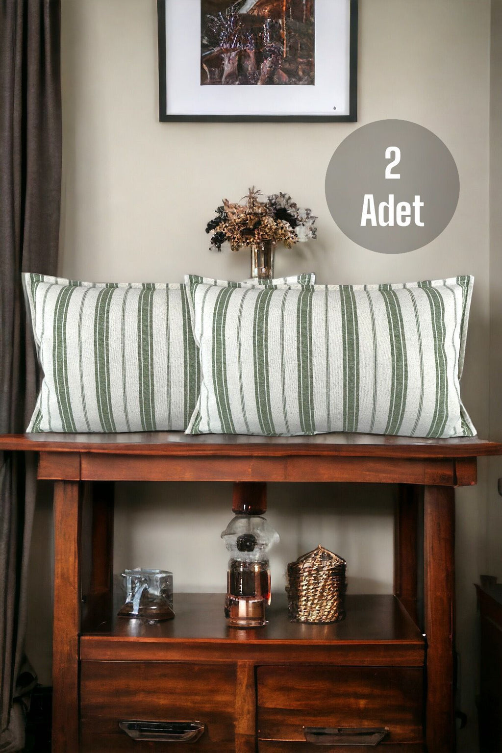 Cotton Modern Green Striped Decorative 2-Piece Cushion / Pillow Case