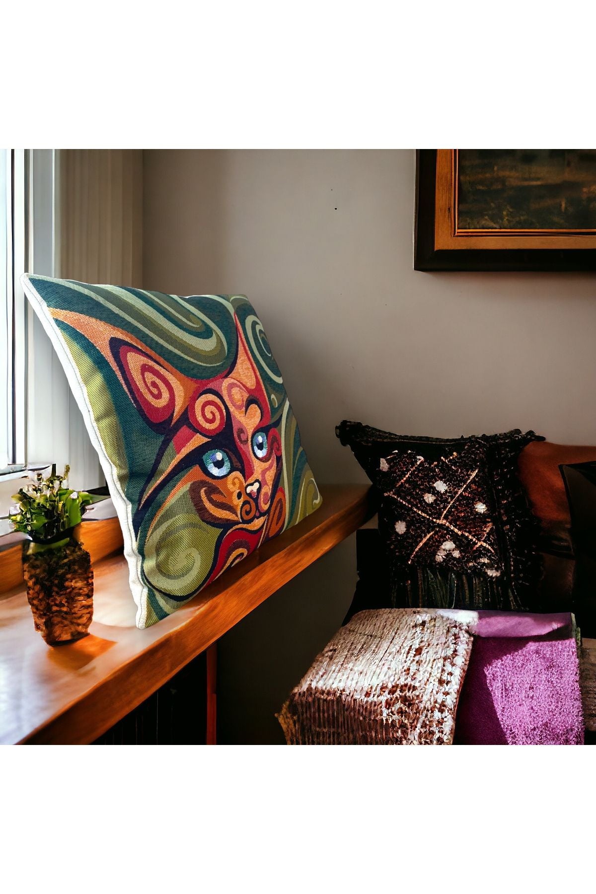 Jakarlı Goblen Pano Dokuma Picasso Kedi Dekoratif Kırlent / Yastık Kılıfı